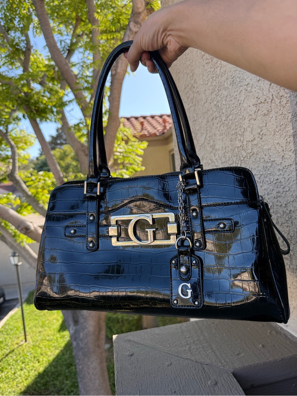Y2K Guess Black Croc-Embossed Patent Shoulder Satchel with Gold Hardware